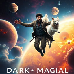 A fantasy dark magical film poster featuring a dark-skinned man soaring through a vibrant solar system, showcasing his magical powers