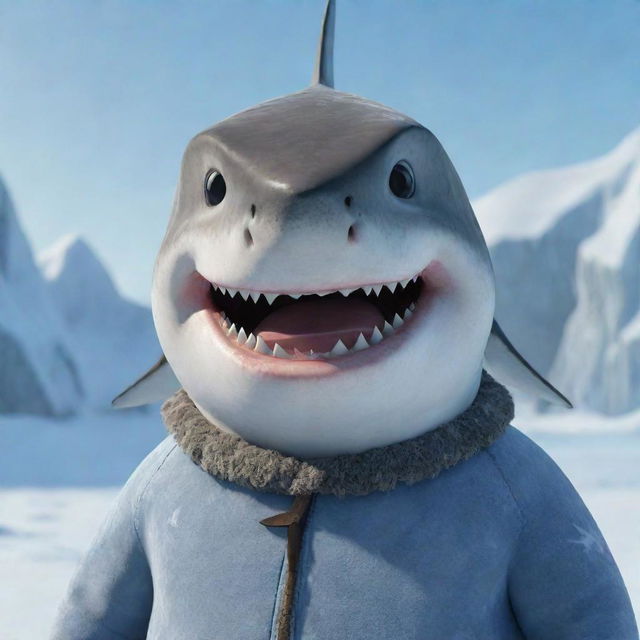 A shark with a face showing strong, animated expressions, dressed in winter clothing set against the backdrop of Frozen's icy and snowy landscapes.