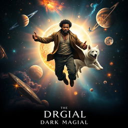 A fantasy dark magical film poster featuring a dark-skinned man soaring through a vibrant solar system, showcasing his magical powers