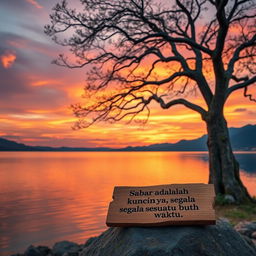 A serene and inspiring landscape featuring a tranquil sunset over a calm lake