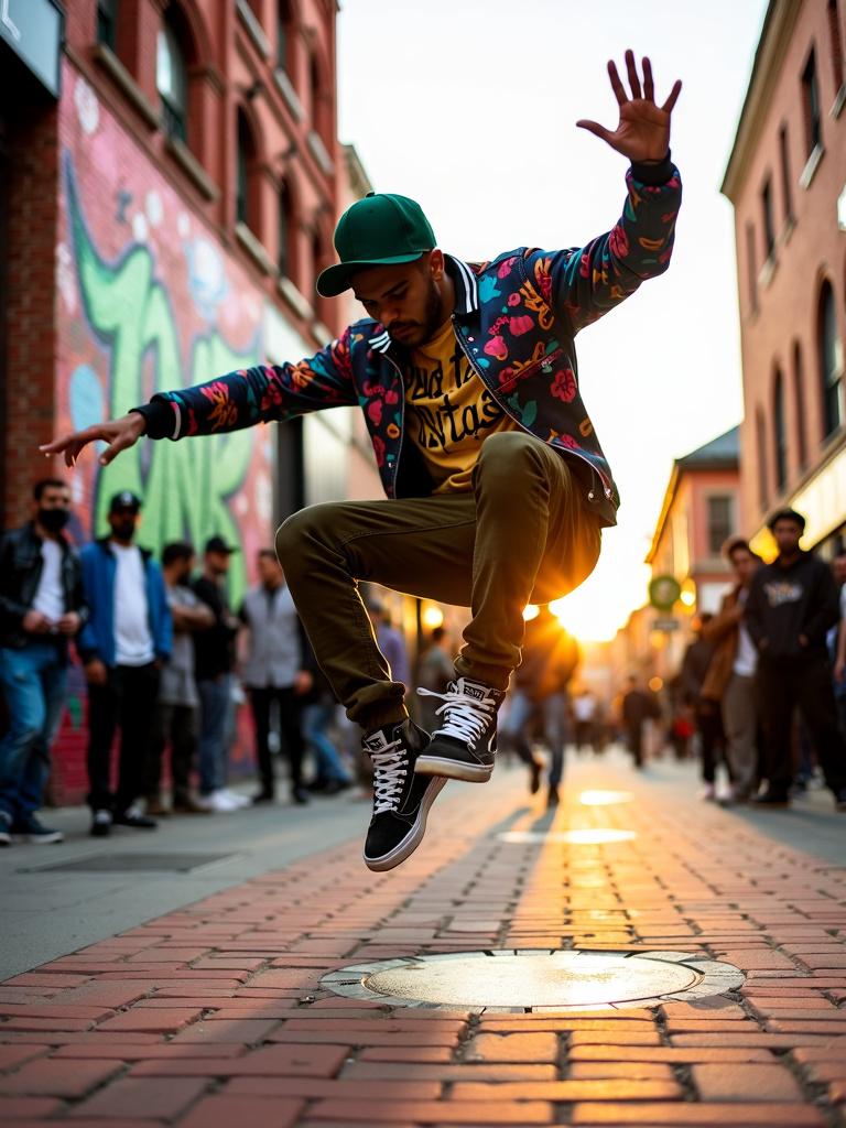 An impressive scene of a skilled Australian breakdancer, showcasing their dynamic moves on a vibrant urban street