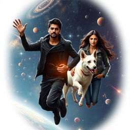 A fantasy dark magical film poster featuring a 27-year-old Indian man with a dark complexion and magical powers, soaring through the solar system