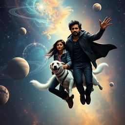 A fantasy dark magical film poster featuring a 27-year-old Indian man with a dark complexion and magical powers, soaring through the solar system