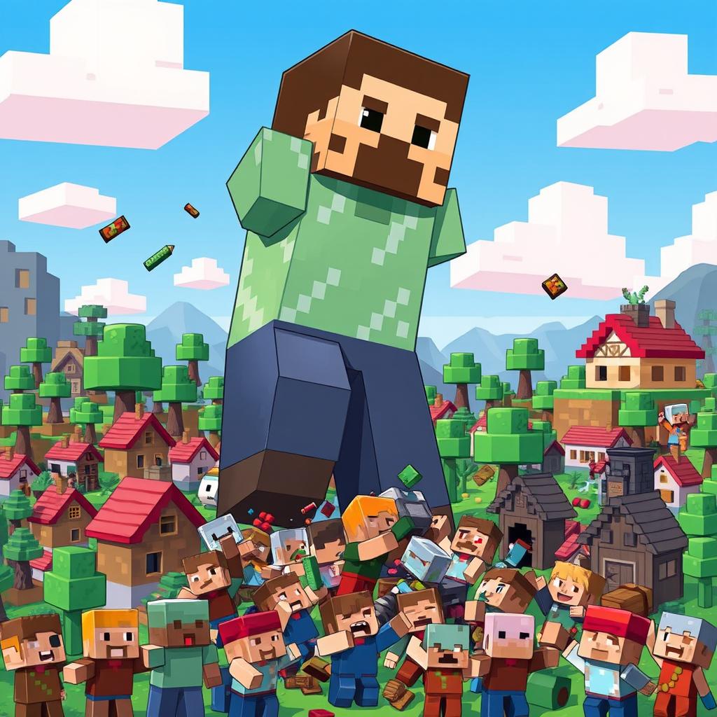 A massive, building-sized Steve from Minecraft towering over a city filled with Minecraft villagers in a playful yet chaotic scene