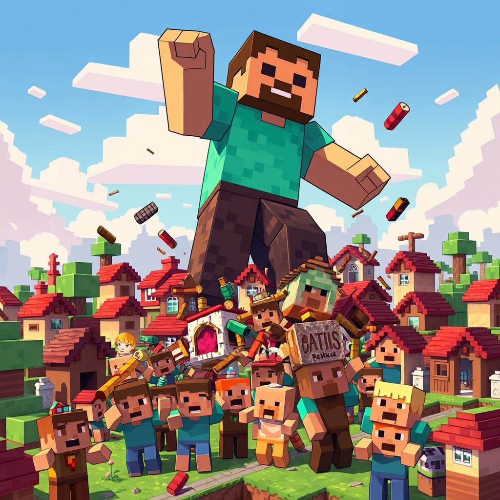 A massive, building-sized Steve from Minecraft towering over a city filled with Minecraft villagers in a playful yet chaotic scene