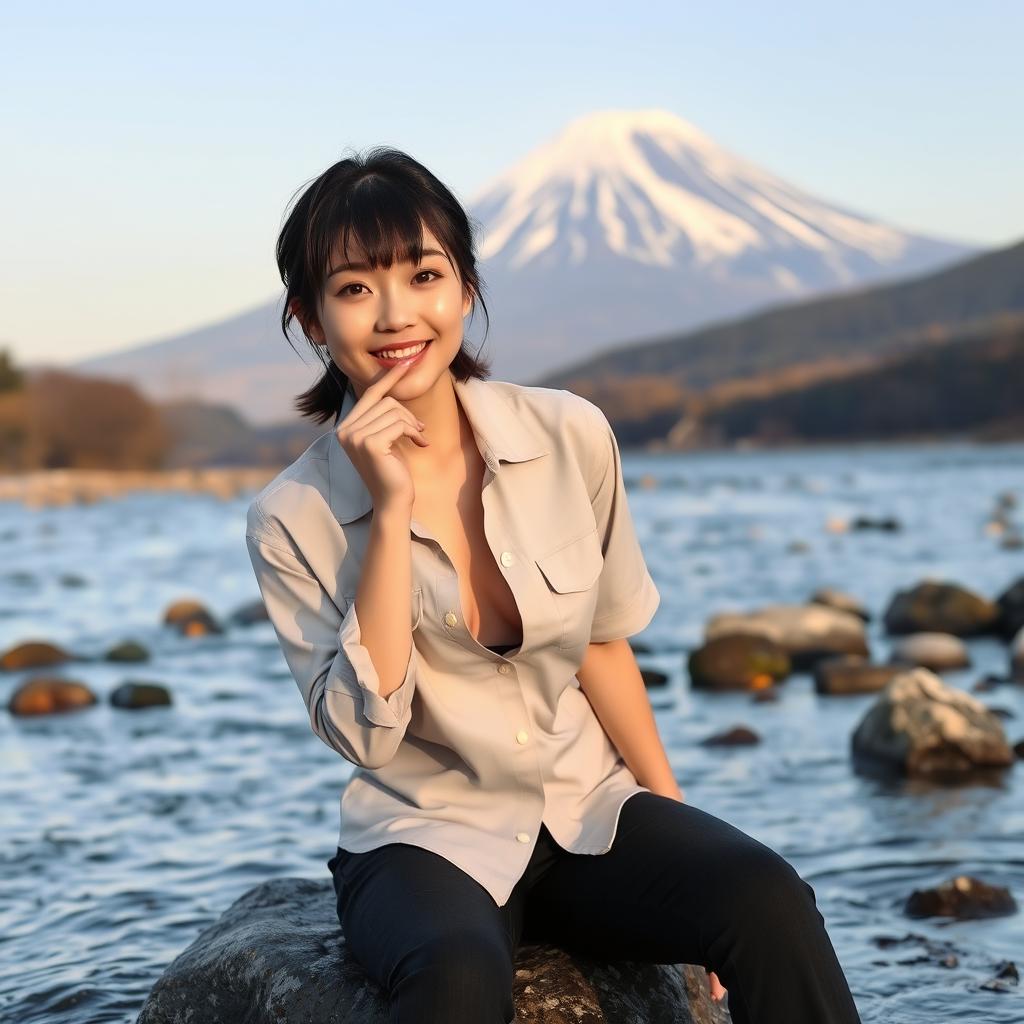 A 22-year-old Japanese woman in a partially unbuttoned uniform shirt, revealing a hint of cleavage