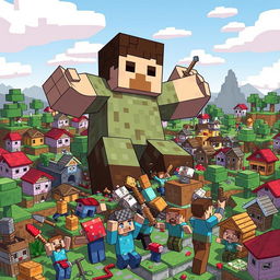 A massive, building-sized Steve from Minecraft towering over a city filled with Minecraft villagers in a playful yet chaotic scene