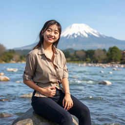 A 22-year-old Japanese woman in a partially unbuttoned uniform shirt, revealing a hint of cleavage