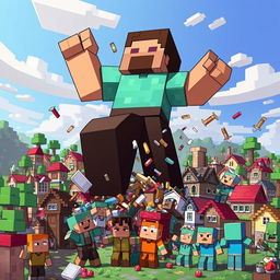 A massive, building-sized Steve from Minecraft towering over a city filled with Minecraft villagers in a playful yet chaotic scene