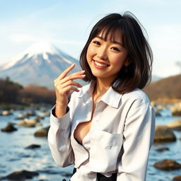 A 22-year-old Japanese woman in a partially unbuttoned uniform shirt, revealing a hint of cleavage