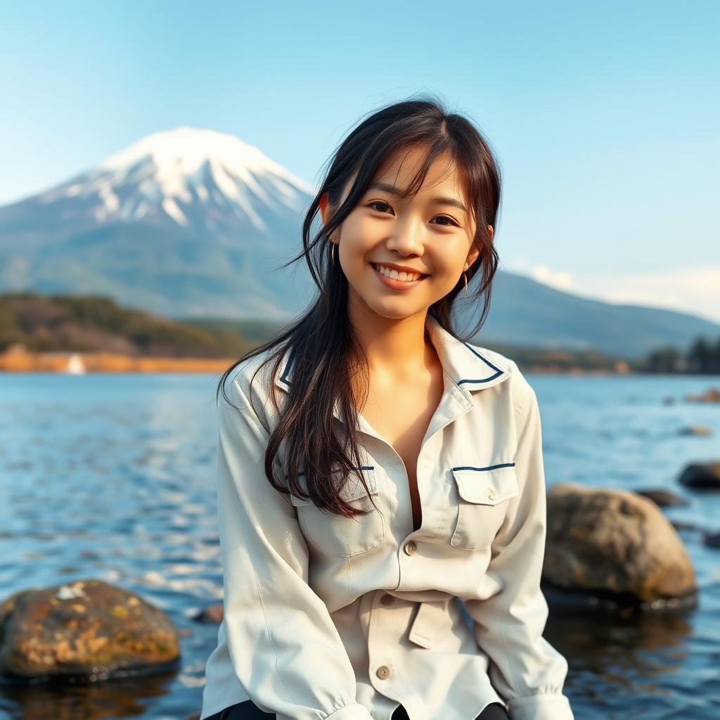 A 22-year-old Japanese woman in a partially unbuttoned uniform shirt, revealing a hint of cleavage