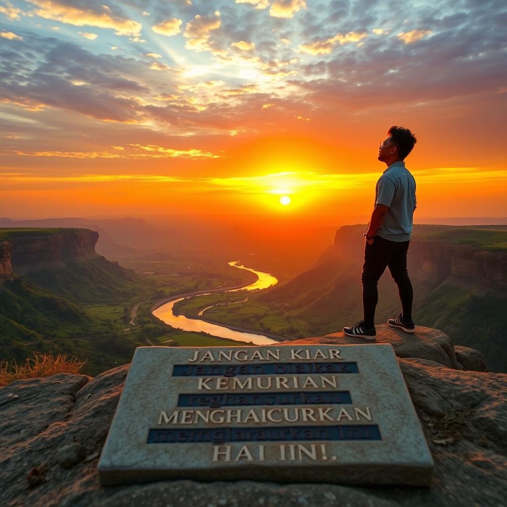 A motivational sunrise scene depicting a person standing on the edge of a cliff overlooking a breathtaking landscape