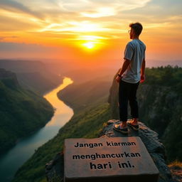 A motivational sunrise scene depicting a person standing on the edge of a cliff overlooking a breathtaking landscape