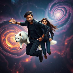 A stunning fantasy dark magical film poster featuring a 27-year-old Indian man with a dark complexion and magical powers, flying through the solar system