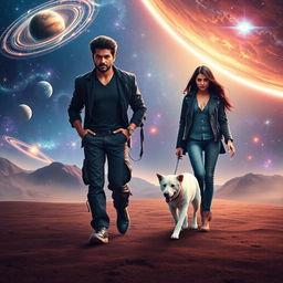 A fantasy dark magical film poster showcasing a 27-year-old Indian man with a dark complexion and magical powers, walking confidently on the surface of a distant planet in the solar system