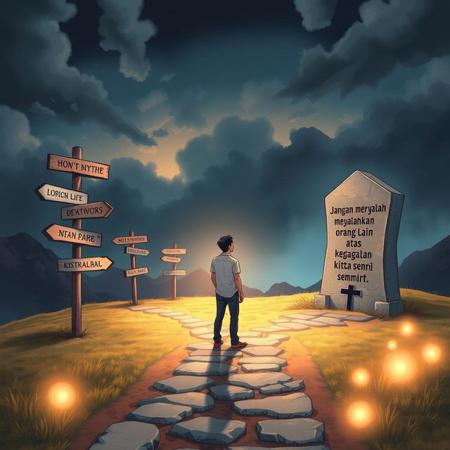 A thought-provoking scene illustrating a person standing at a crossroads, surrounded by signposts pointing in various directions labeled with different life choices