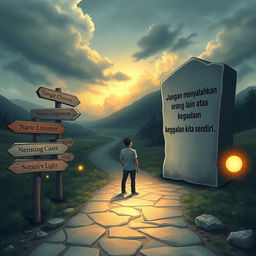 A thought-provoking scene illustrating a person standing at a crossroads, surrounded by signposts pointing in various directions labeled with different life choices