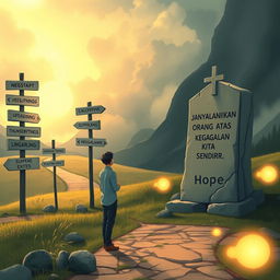 A thought-provoking scene illustrating a person standing at a crossroads, surrounded by signposts pointing in various directions labeled with different life choices