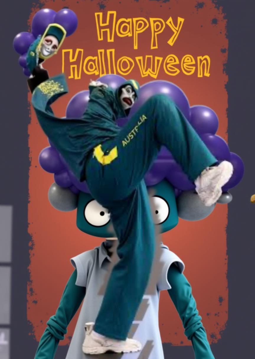 A caricature of a zombie with eyes falling out, maintaining the pose of a person with one knee raised and arms slightly bent, dressed in teal and yellow athletic wear similar to that of Australia