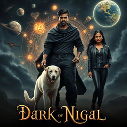 An action fantasy dark magical film poster featuring a dark-skinned Indian man, aged 27, with powerful magical abilities, standing confidently while summoning energy in the form of swirling cosmic patterns around him, representing the solar system