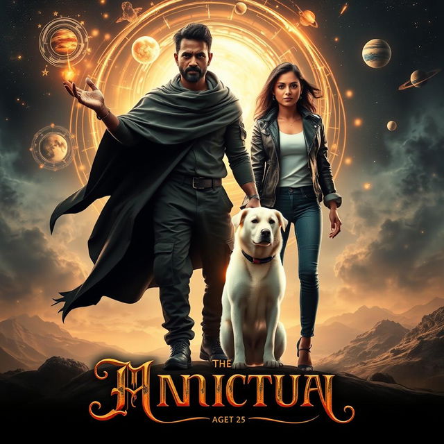 An action fantasy dark magical film poster featuring a dark-skinned Indian man, aged 27, with powerful magical abilities, standing confidently while summoning energy in the form of swirling cosmic patterns around him, representing the solar system