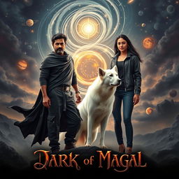 An action fantasy dark magical film poster featuring a dark-skinned Indian man, aged 27, with powerful magical abilities, standing confidently while summoning energy in the form of swirling cosmic patterns around him, representing the solar system