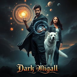 An action fantasy dark magical film poster featuring a dark-skinned Indian man, aged 27, with powerful magical abilities, standing confidently while summoning energy in the form of swirling cosmic patterns around him, representing the solar system