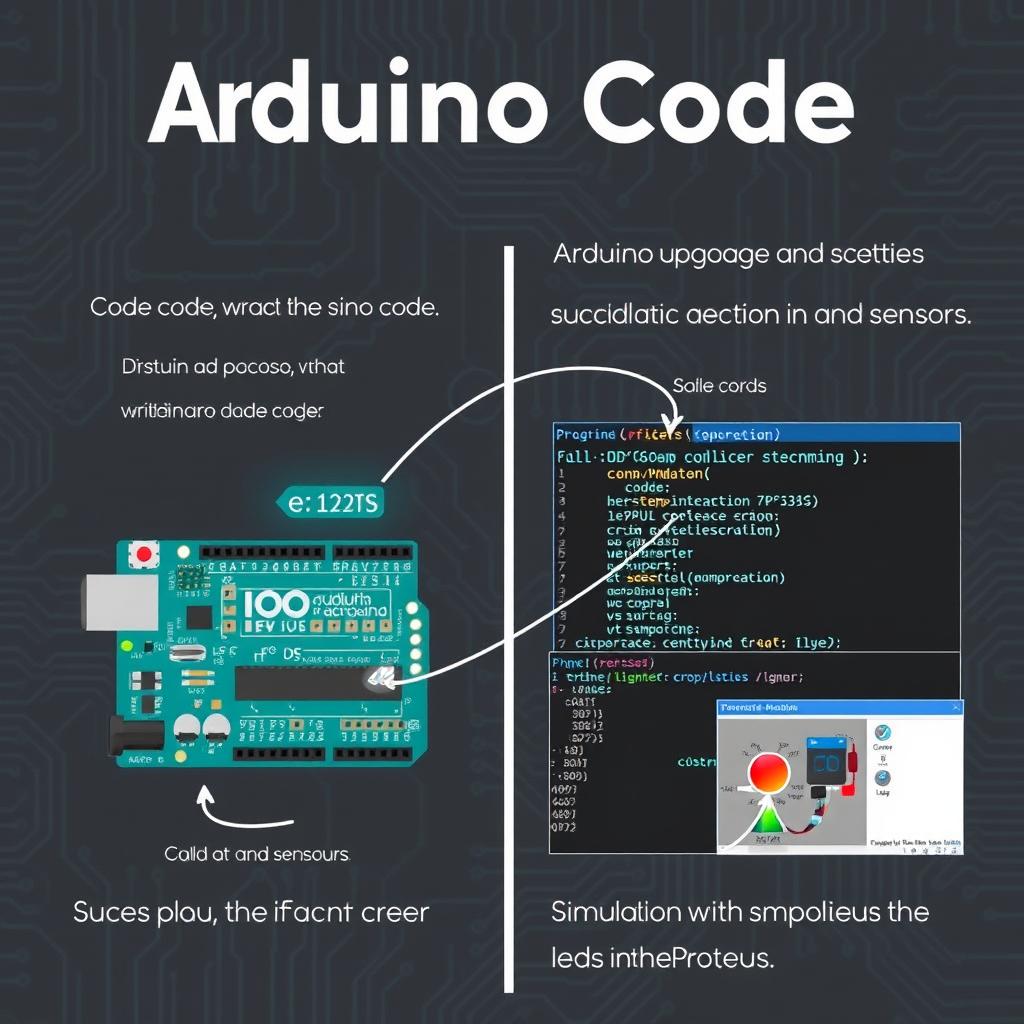 An informative and visually engaging representation of Arduino code explanations accompanied by simulations in Proteus, featuring a colorful and clear diagram of an Arduino board with labeled components