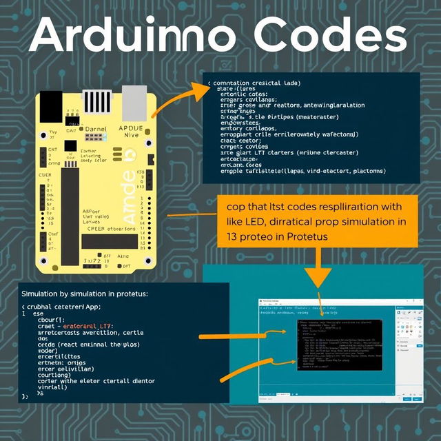 An informative and visually engaging representation of Arduino code explanations accompanied by simulations in Proteus, featuring a colorful and clear diagram of an Arduino board with labeled components