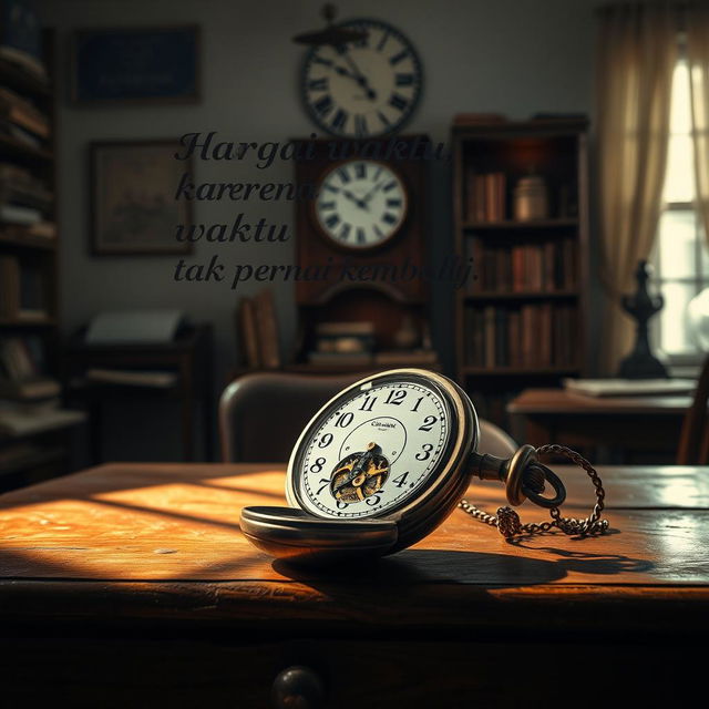 An evocative scene depicting an antique pocket watch resting on an old wooden desk, its intricate gears visible, symbolizing the passage of time