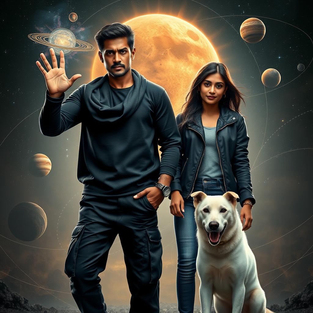 An action fantasy dark magical film poster featuring a 27-year-old Indian man with a dark complexion, showcasing his magical powers connected to the solar system