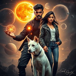 An action fantasy dark magical film poster featuring a 27-year-old Indian man with a dark complexion, showcasing his magical powers connected to the solar system