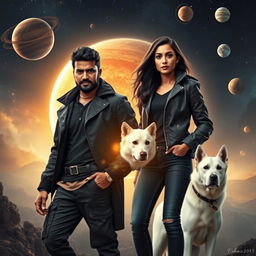 An action fantasy dark magical film poster featuring a 27-year-old Indian man with a dark complexion, showcasing his magical powers connected to the solar system