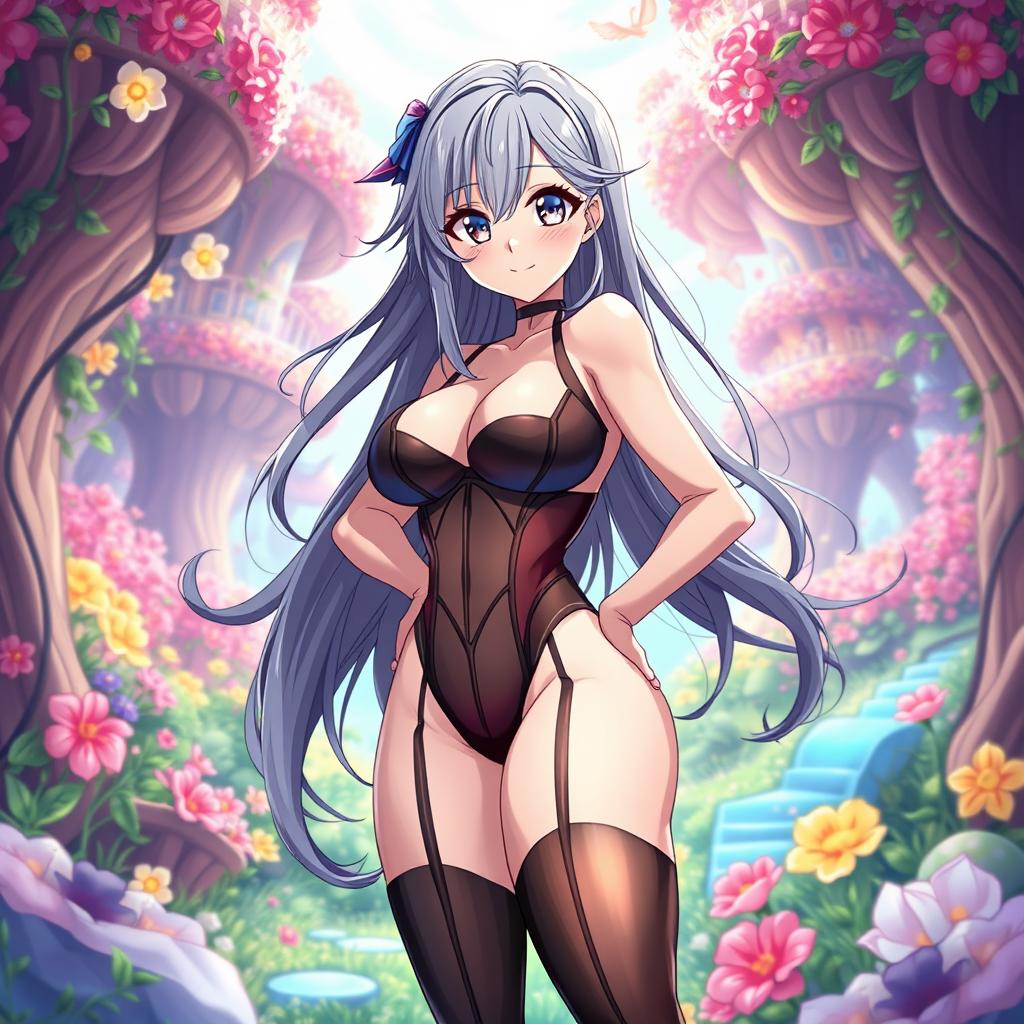 A voluptuous anime waifu with long flowing hair, dressed in a revealing, form-fitting outfit that accentuates her curves, standing confidently with a playful smirk