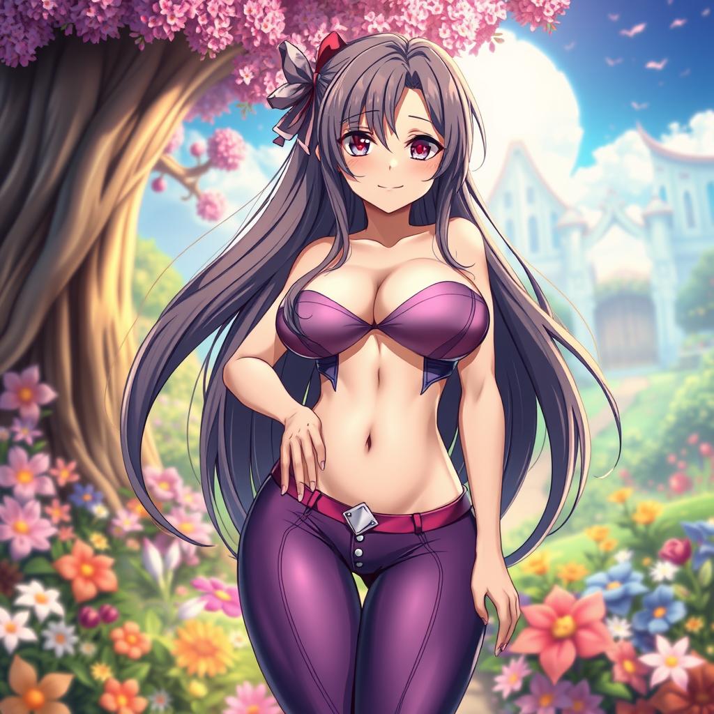 A voluptuous anime waifu with long flowing hair, dressed in a revealing, form-fitting outfit that accentuates her curves, standing confidently with a playful smirk