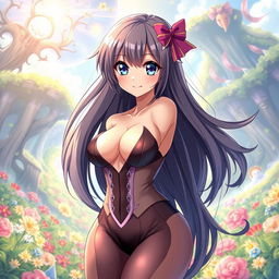 A voluptuous anime waifu with long flowing hair, dressed in a revealing, form-fitting outfit that accentuates her curves, standing confidently with a playful smirk