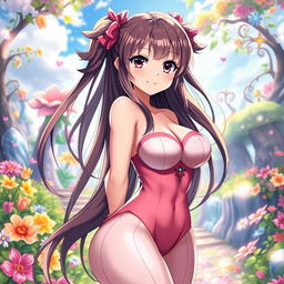 A voluptuous anime waifu with long flowing hair, dressed in a revealing, form-fitting outfit that accentuates her curves, standing confidently with a playful smirk