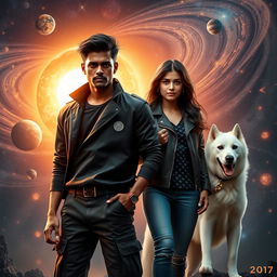 An action fantasy dark magical film poster showcasing a 27-year-old Indian man with a dark complexion, embodying magical powers linked to the solar system