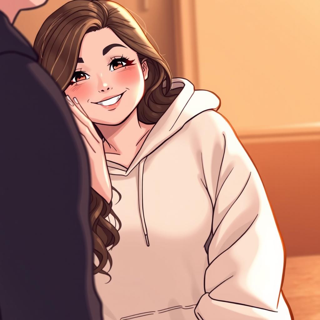 A voluptuous girl in a casual, loose-fitting hoodie, with an inviting smile, gently caressing someone off to the side