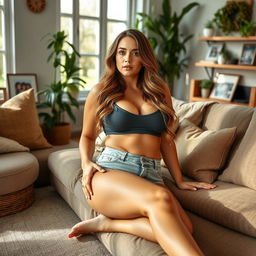 A sexy voluptuous young woman with playful features, known as a 'mommy girl', lounging casually in a stylish and cozy living room