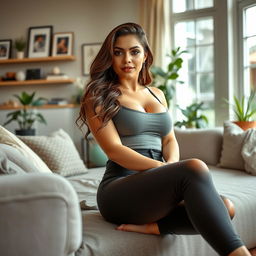 A sexy voluptuous young woman with playful features, known as a 'mommy girl', lounging casually in a stylish and cozy living room