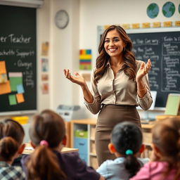 A captivating and stylish female teacher in a modern classroom setting, confidently engaging with her students