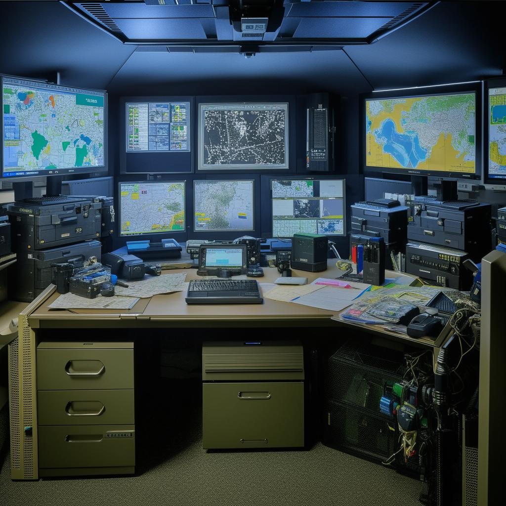 The meticulously organized desk of the SWAT Commander, featuring a high-tech computer setup, detailed maps, critical documents, and vital communication equipment.