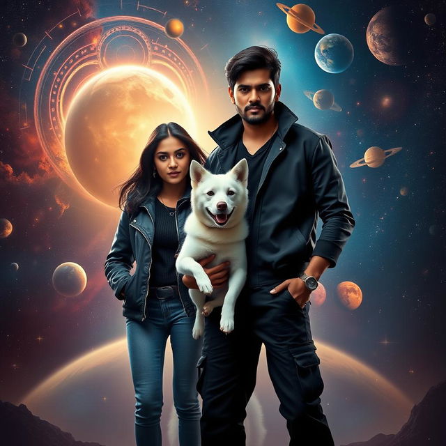 An action fantasy dark magical film poster featuring a 27-year-old Indian man with a dark complexion, representing his magical powers related to the solar system