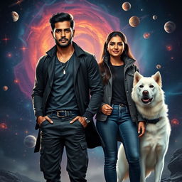 An action fantasy dark magical film poster featuring a 27-year-old Indian man with a dark complexion, representing his magical powers related to the solar system