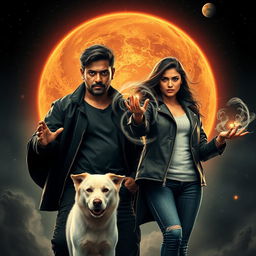 A dramatic action fantasy dark magical film poster showcasing a 27-year-old Indian man with a dark, intense face, exuding powerful magical energy in front of a cosmic solar system backdrop