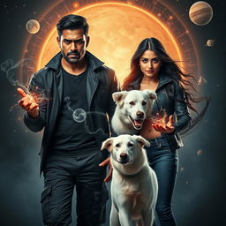 A dramatic action fantasy dark magical film poster showcasing a 27-year-old Indian man with a dark, intense face, exuding powerful magical energy in front of a cosmic solar system backdrop