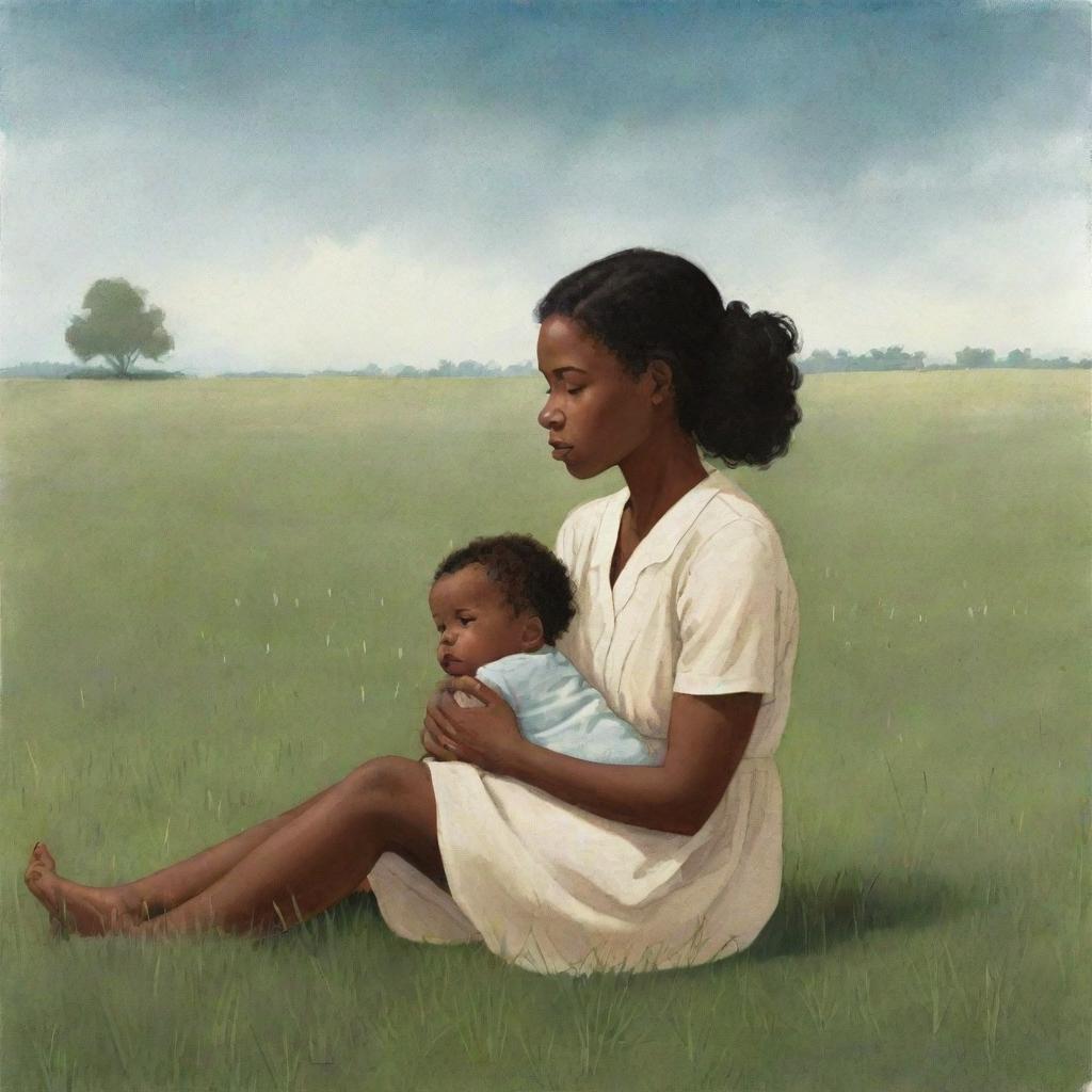 An emotive children's book-style illustration showing a saddened African American woman sitting alone on a grassfield, gazing longingly at her newborn baby who is at a distance.