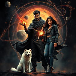 A captivating action fantasy dark magical film poster featuring a dark-skinned Indian man, 27 years old, exuding an aura of mystery and power, surrounded by a swirling solar system filled with celestial elements