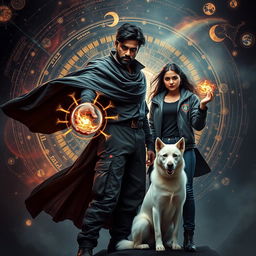 A captivating action fantasy dark magical film poster featuring a dark-skinned Indian man, 27 years old, exuding an aura of mystery and power, surrounded by a swirling solar system filled with celestial elements